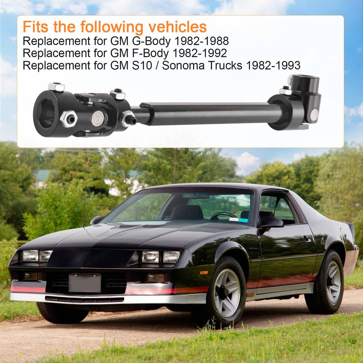 Steering shaft assembly with flanged ends, shown in vehicle fit graphic