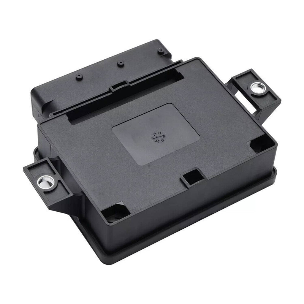 Parking brake control module bottom view with cutouts and mounting brackets, black case