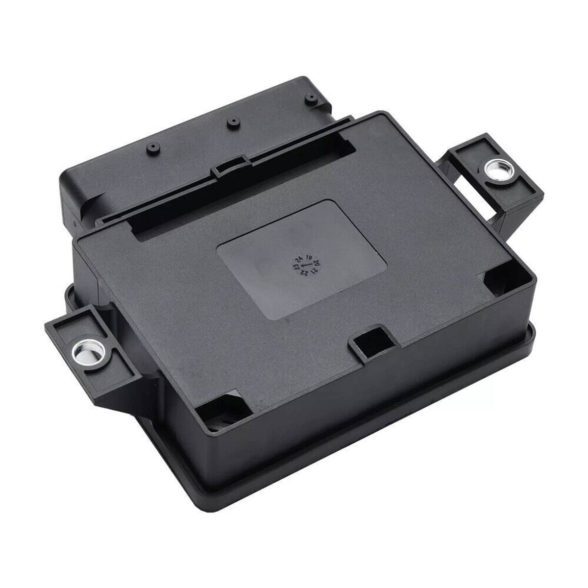 Parking brake control module bottom view with cutouts and mounting brackets, black case