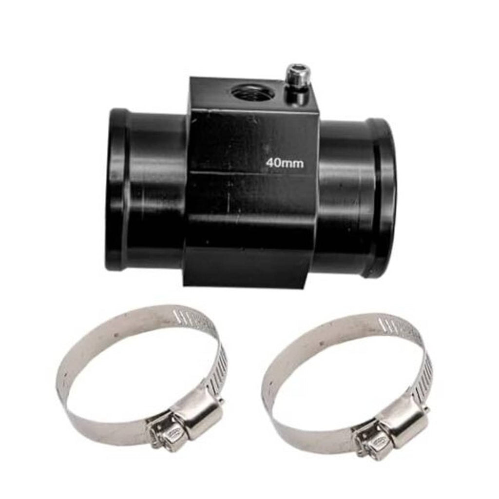 Black water temperature sensor joint pipe with two metal hose clamps, 40mm marking