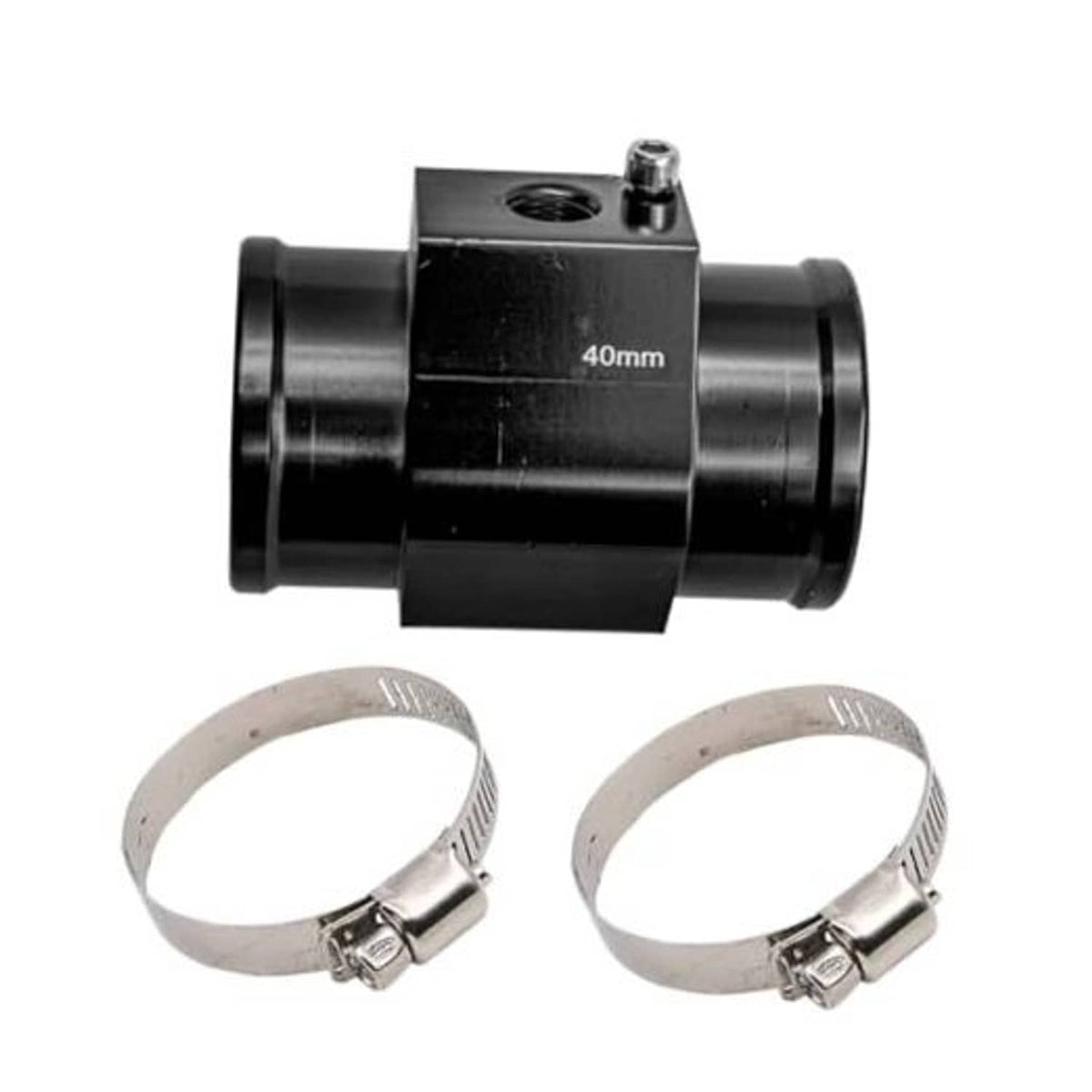 Black water temperature sensor joint pipe with two metal hose clamps, 40mm marking