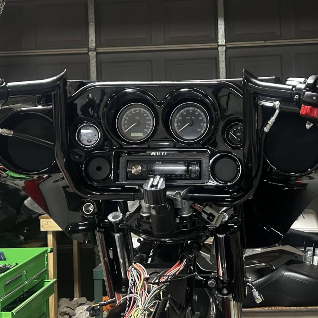 Gloss black pre-wired handlebar assembly with instrument cluster and wiring