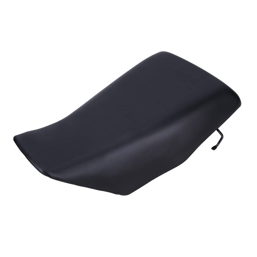 Black ATV seat cushion with side mounting bracket, three-quarter view