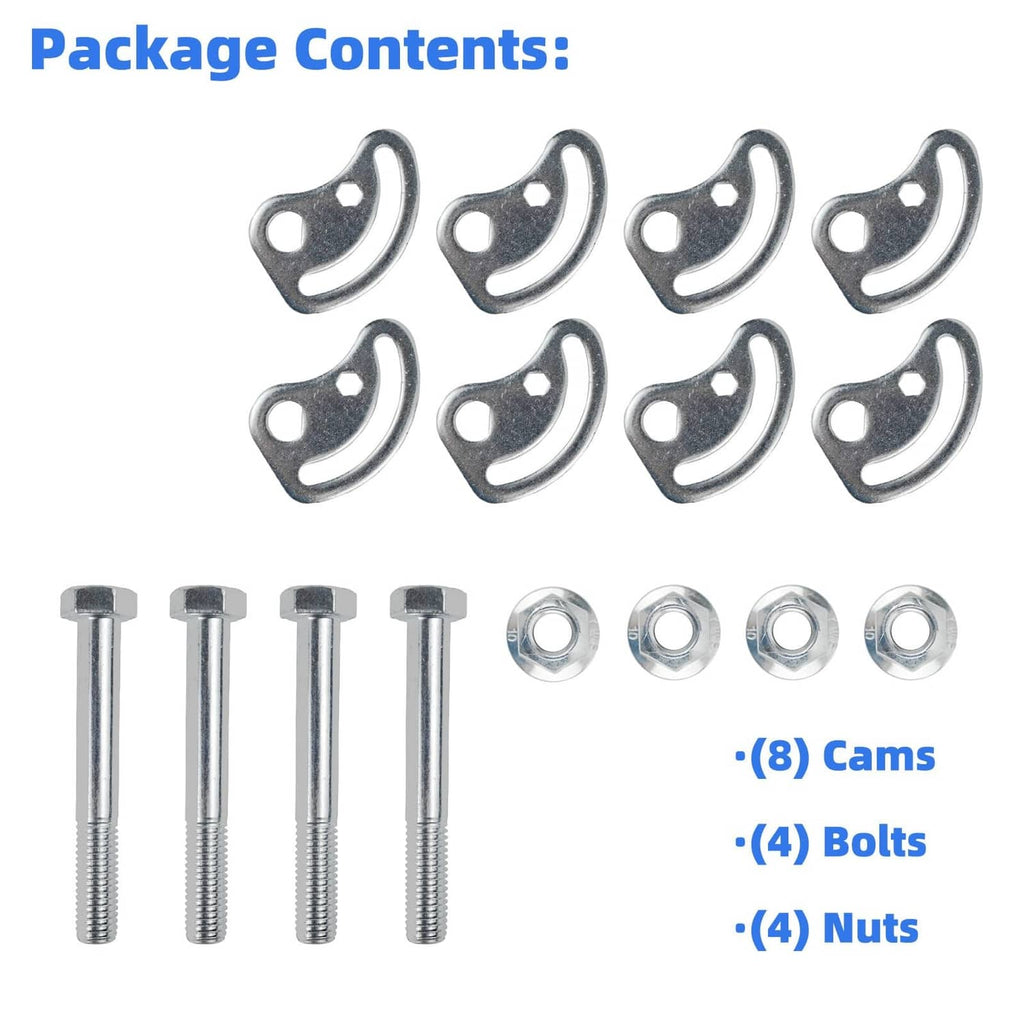 Camber bolt kit package contents: eight cams, four bolts, and four nuts