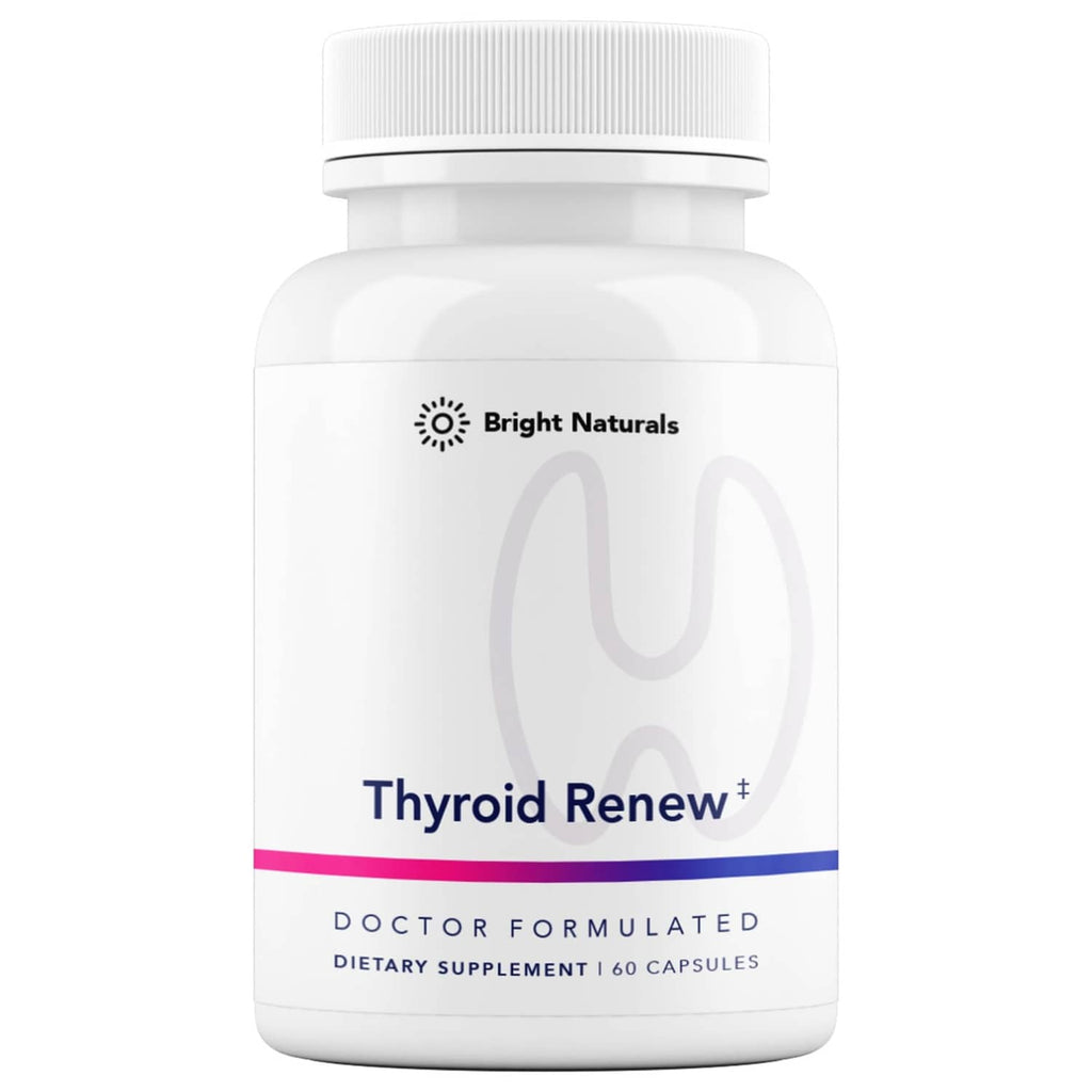 Thyroid Renew supplement bottle with white cap, blue label, and purple stripe