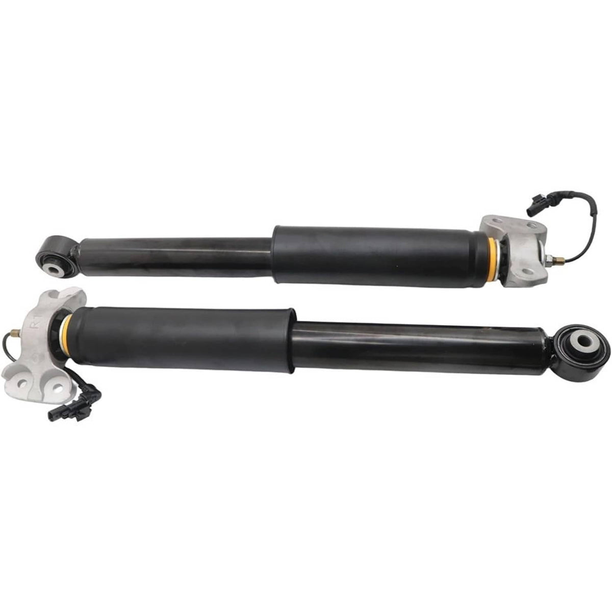 Pair of black rear shock absorber struts with upper mounting brackets and link hardware