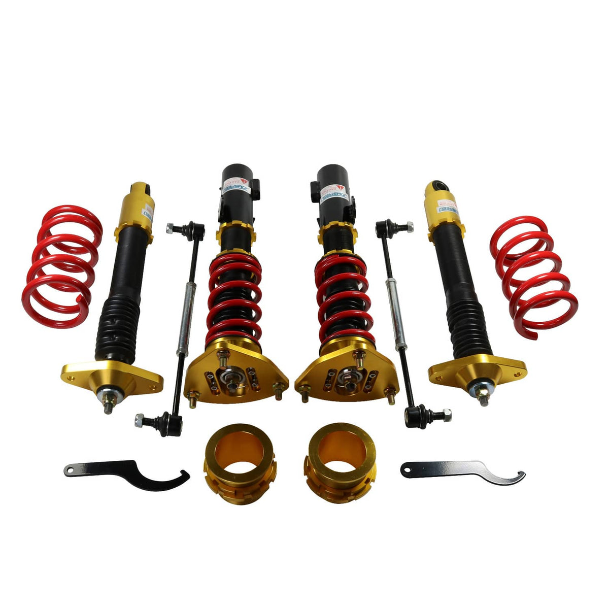 Pair of coilover shocks with red springs, black bodies, and gold top mounts