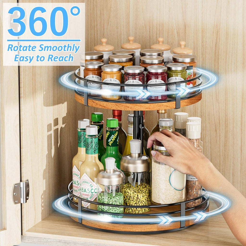 Adjustable 2-tier turntable spice rack with rotating glass jars and hand reaching shelf
