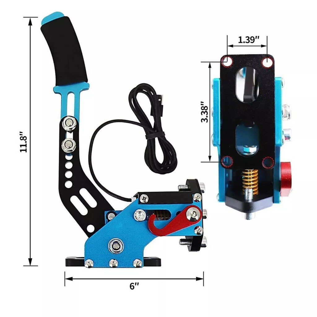 Blue and black USB handbrake with adjustable foot pedal, coil spring mount and cable