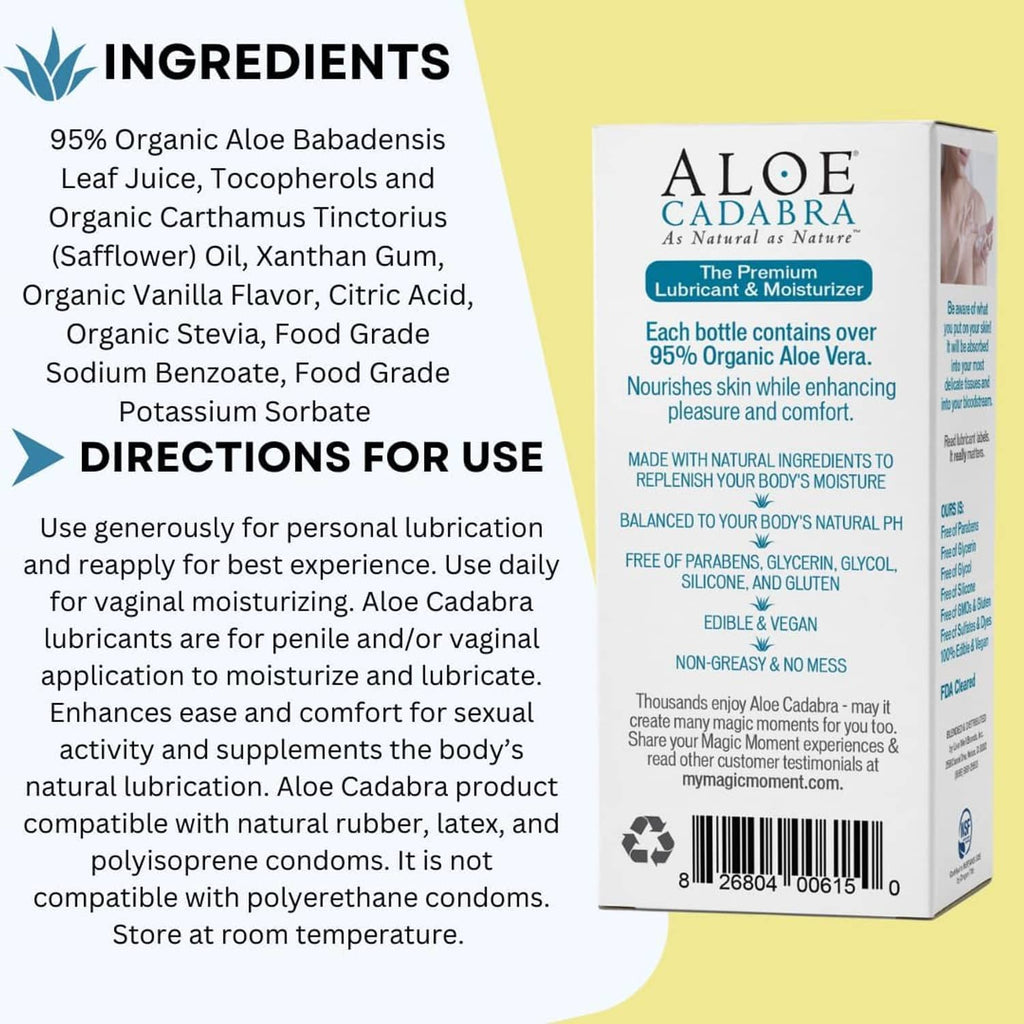 Aloe Cadabra vaginal lubricant back panel with ingredients and directions text