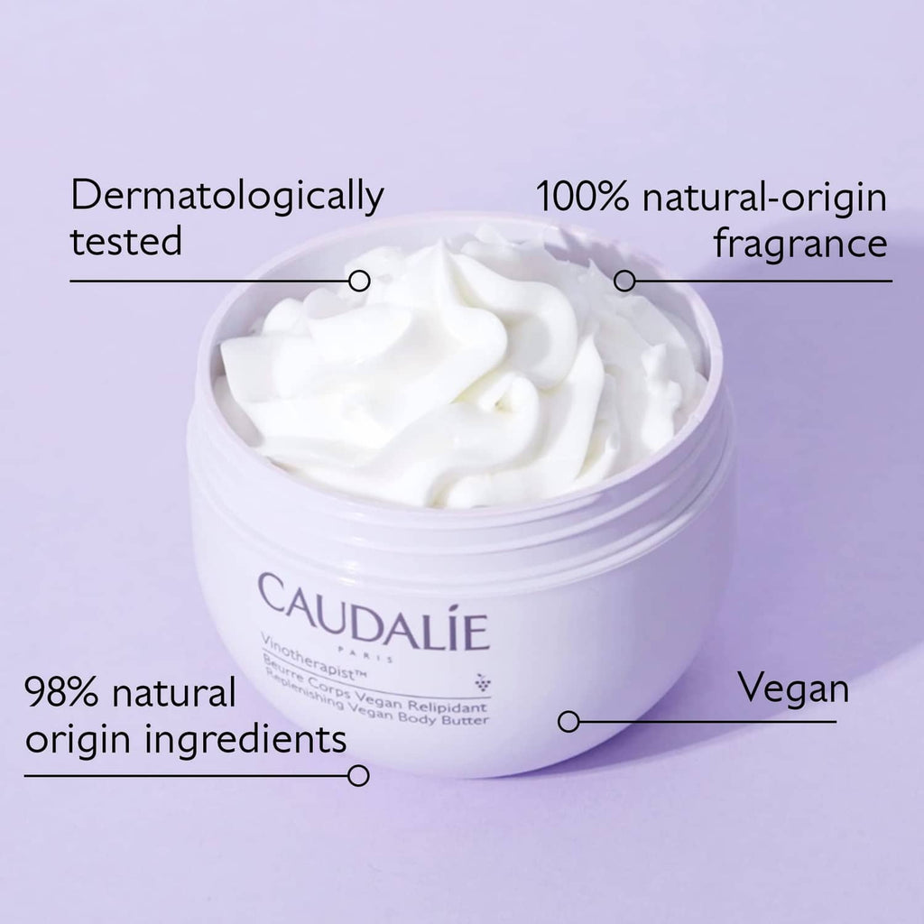 CAUDALIE vegan body butter jar with thick white cream swirled on top