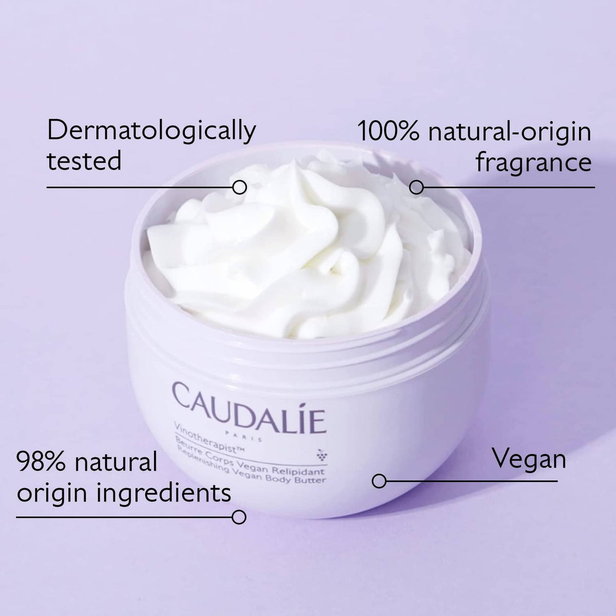 CAUDALIE vegan body butter jar with thick white cream swirled on top