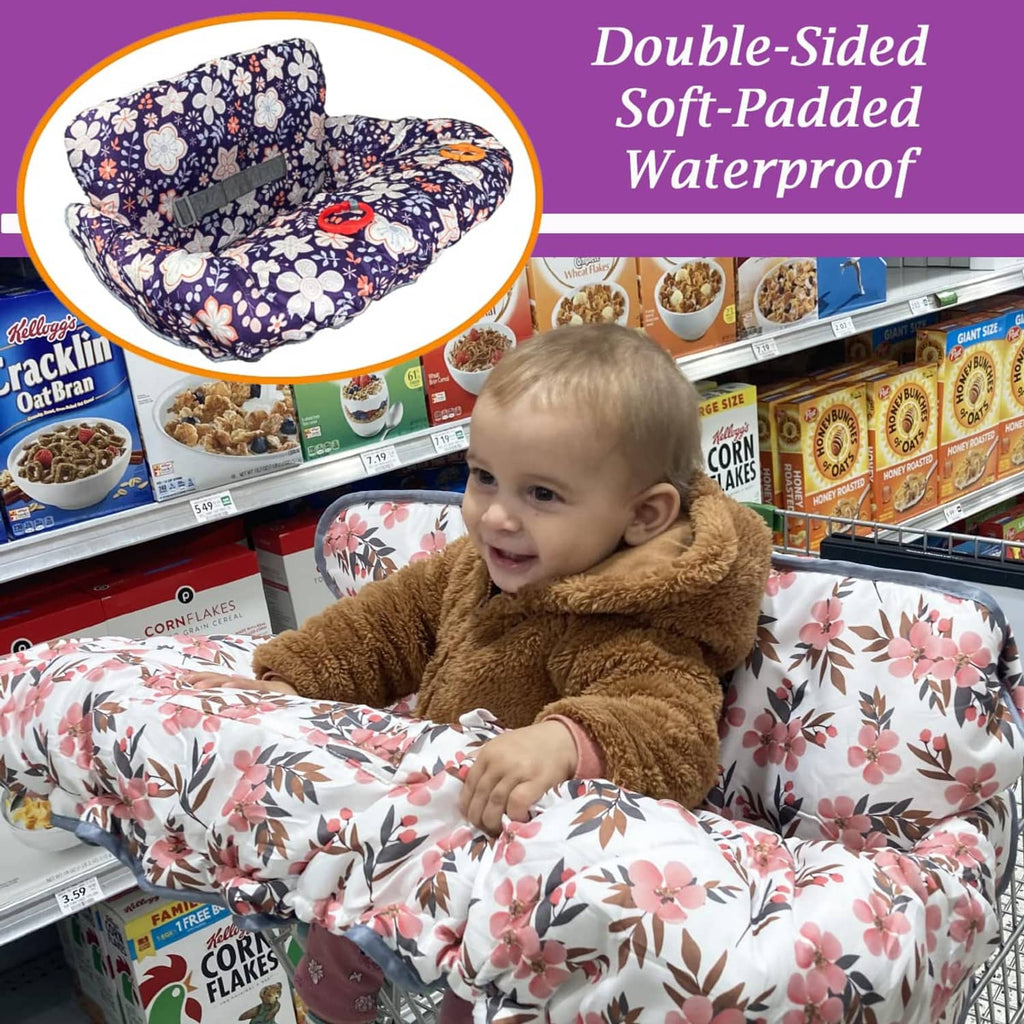 Double-sided soft padded waterproof shopping cart cover with navy patterned hood