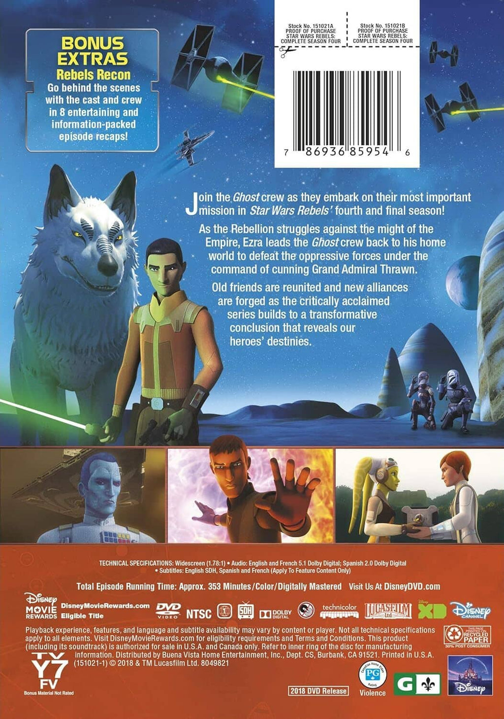 Star Wars Rebels Complete Season Four DVD back cover with bonus extras text and barcode