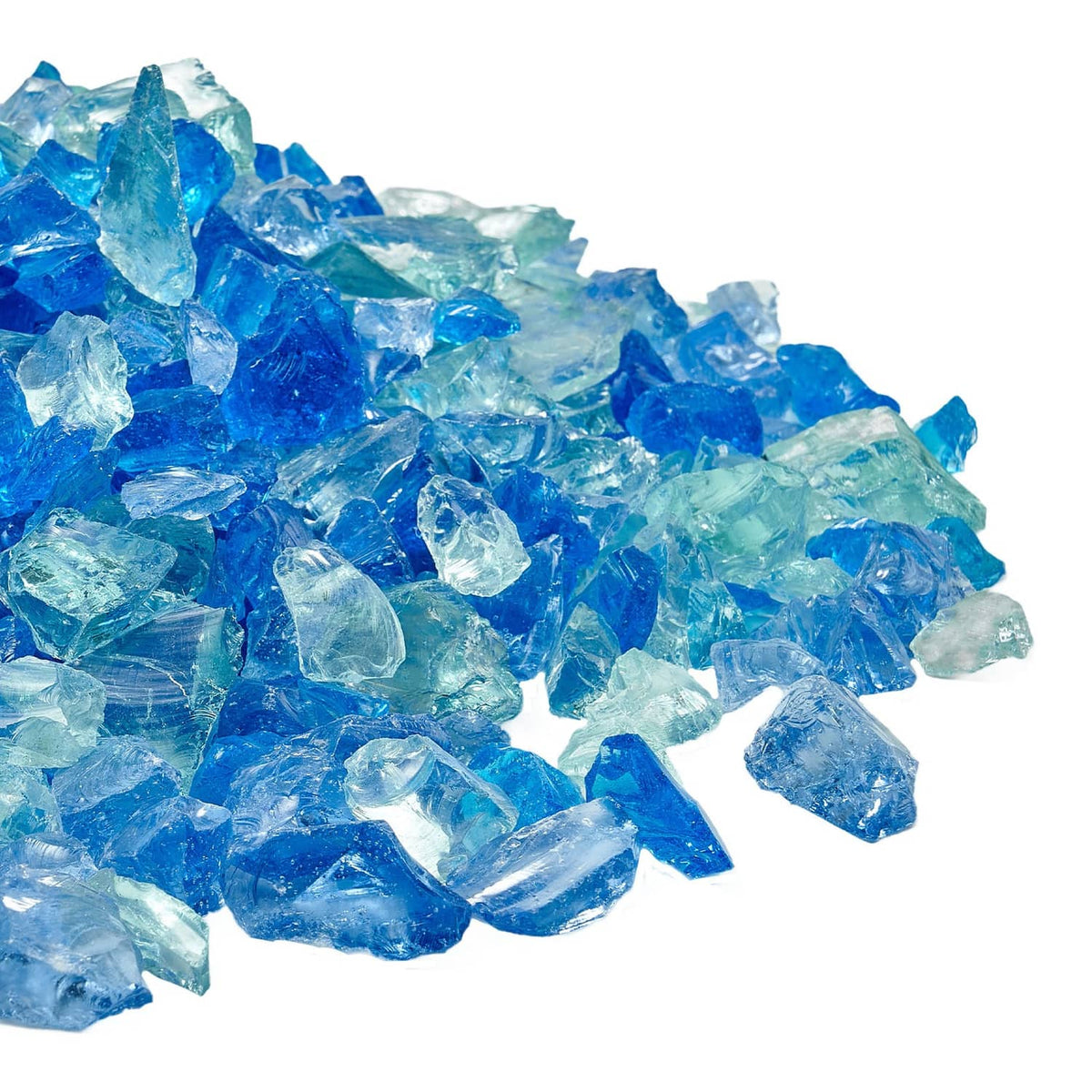 Close-up pile of blue fire pit glass rocks with clear lighter pieces