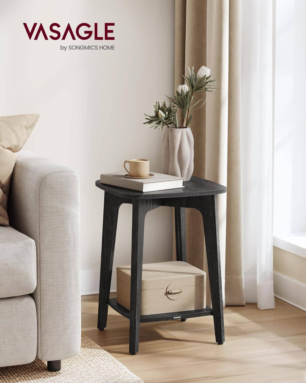 VASAGLE small 2-tier side table with dark finish, tapered legs, and open lower shelf