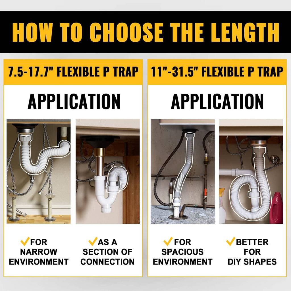 Expandable white flexible P-trap pipe for narrow spaces and DIY connections, shown by length range