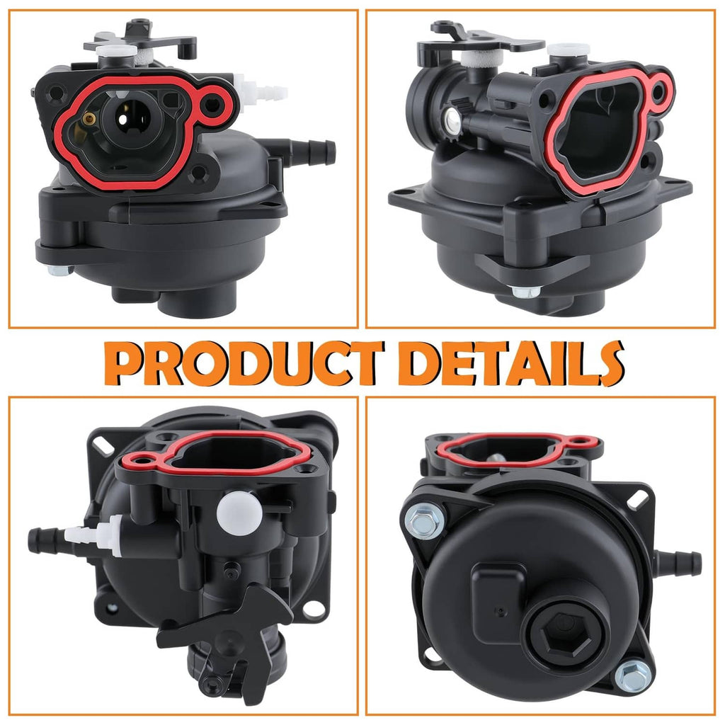 Carburetor assembly front and side views, black housing with red gasket edging
