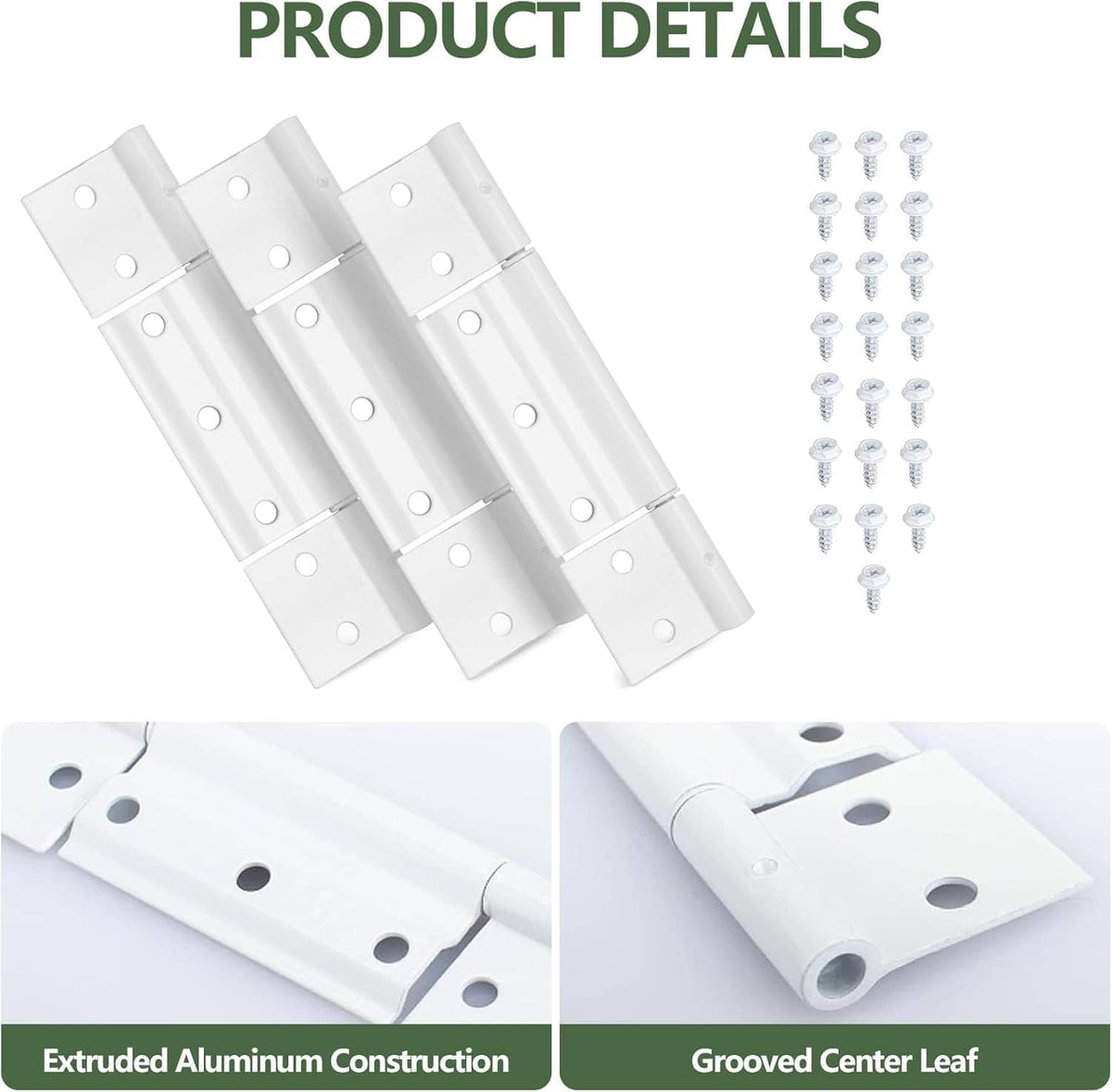 White aluminum hinge plates with grooved center leaf, screw-hole detail