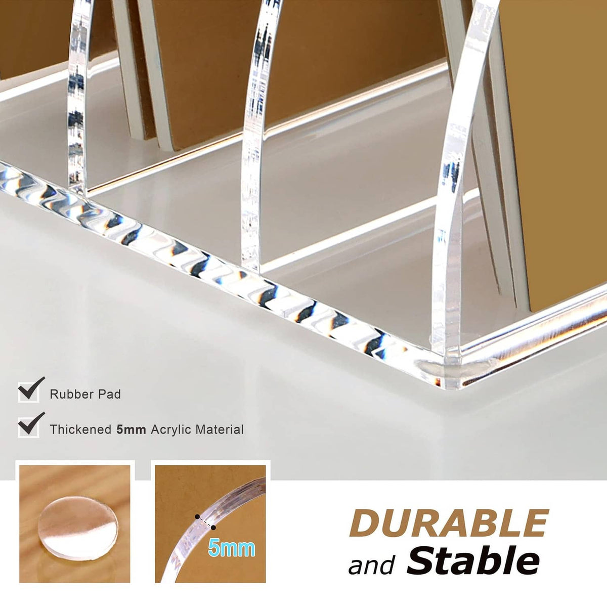 Clear acrylic 6-slot file organizer base with non-slip rubber pad and 5mm thick material