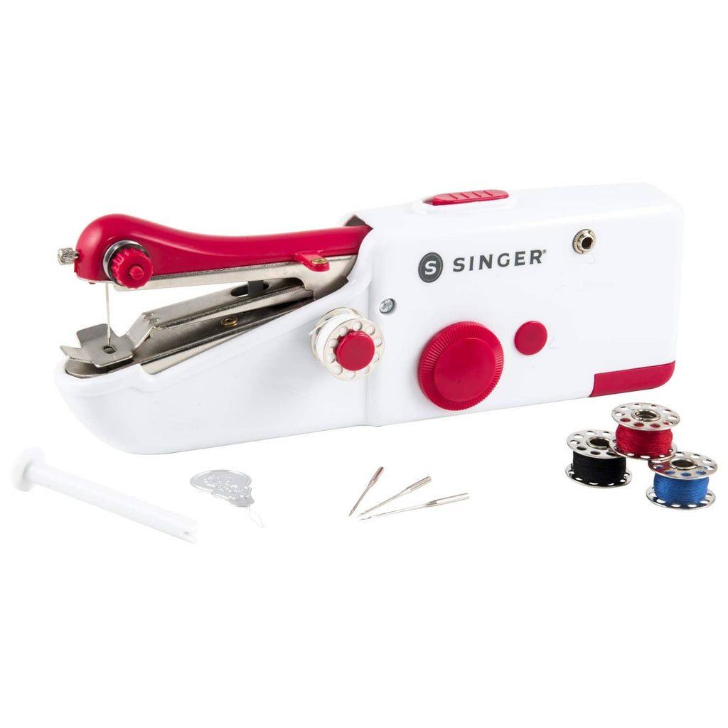 SINGER Stitch Sew Quick handheld cordless sewing machine, white body with red accents