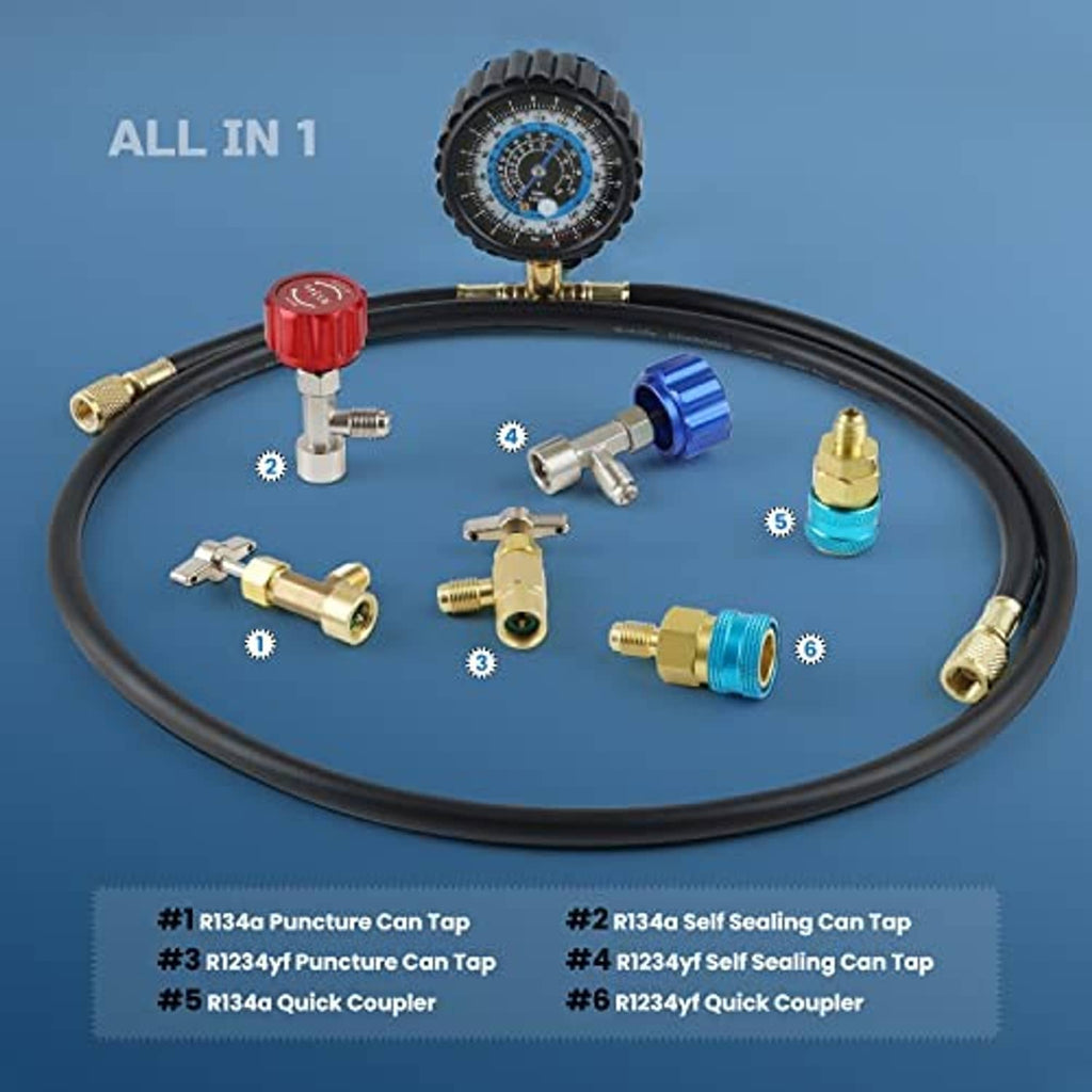 Refrigerant recharge kit gauge with black hose and multiple brass fittings, blue components