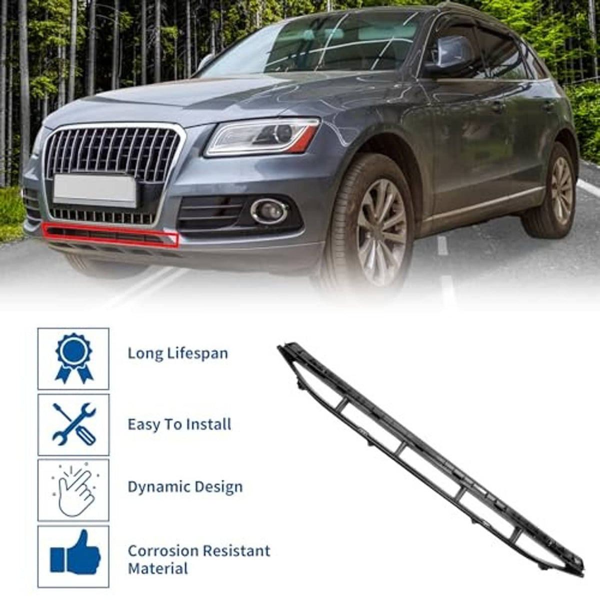 Front grille grill insert for bumper, black plastic with rectangular openings