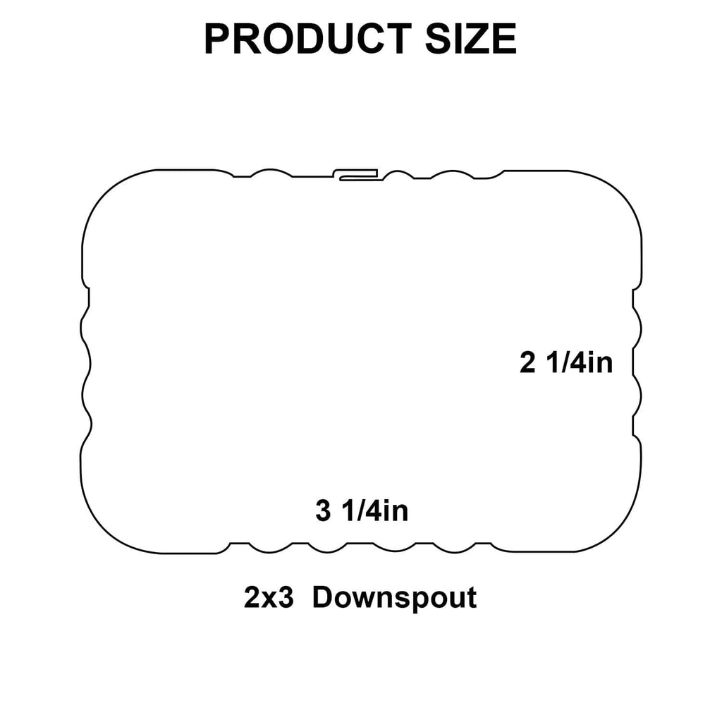 Downspout elbow size diagram: 2 1/4 in, 3 1/4 in; fits 2x3 downspout