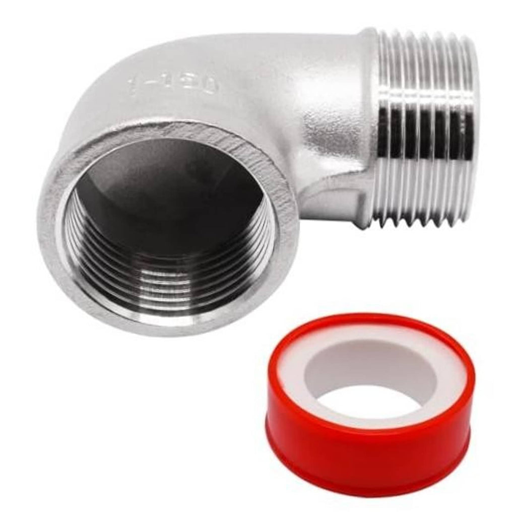 Stainless steel 90-degree elbow pipe fitting with 1 in NPT threads and red sealing ring
