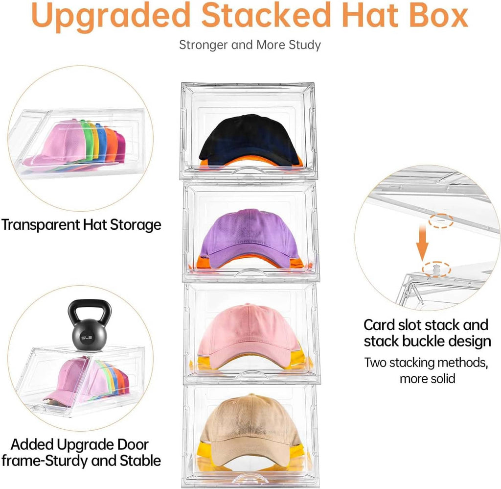 Transparent stacked hat organizer with compartments and an interlocking door frame