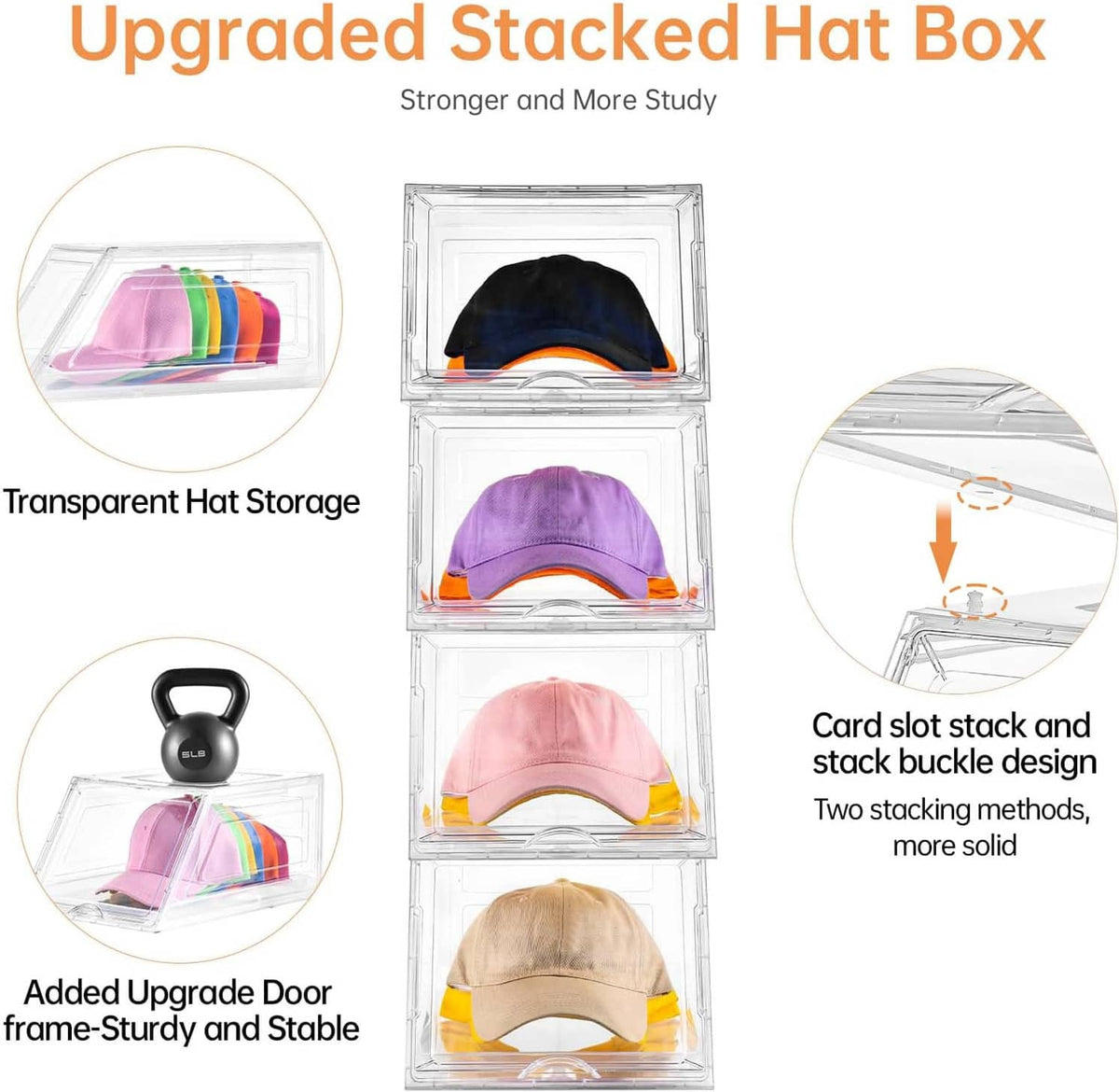 Transparent stacked hat organizer with compartments and an interlocking door frame
