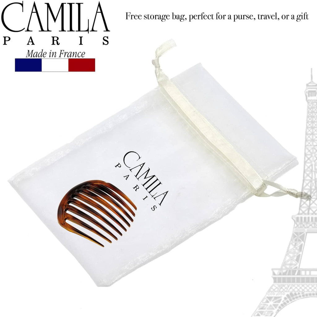 Tortoise shell hair side comb in a white storage pouch with drawstring