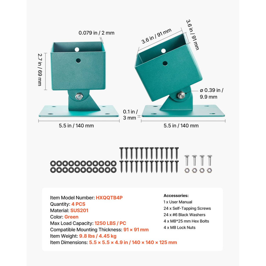 Teal swing set bracket base with measurements and included bolts and screws shown below