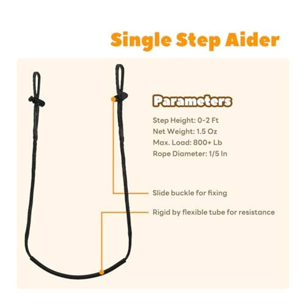 Single-step aider rope loop with top attachment and slide buckle shown in a diagram.