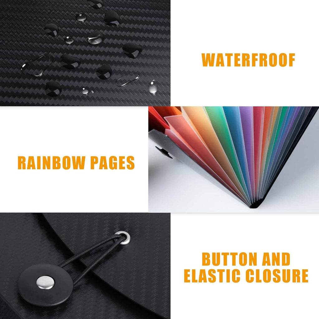 Black waterproof accordion organizer with rainbow divider pages and snap button