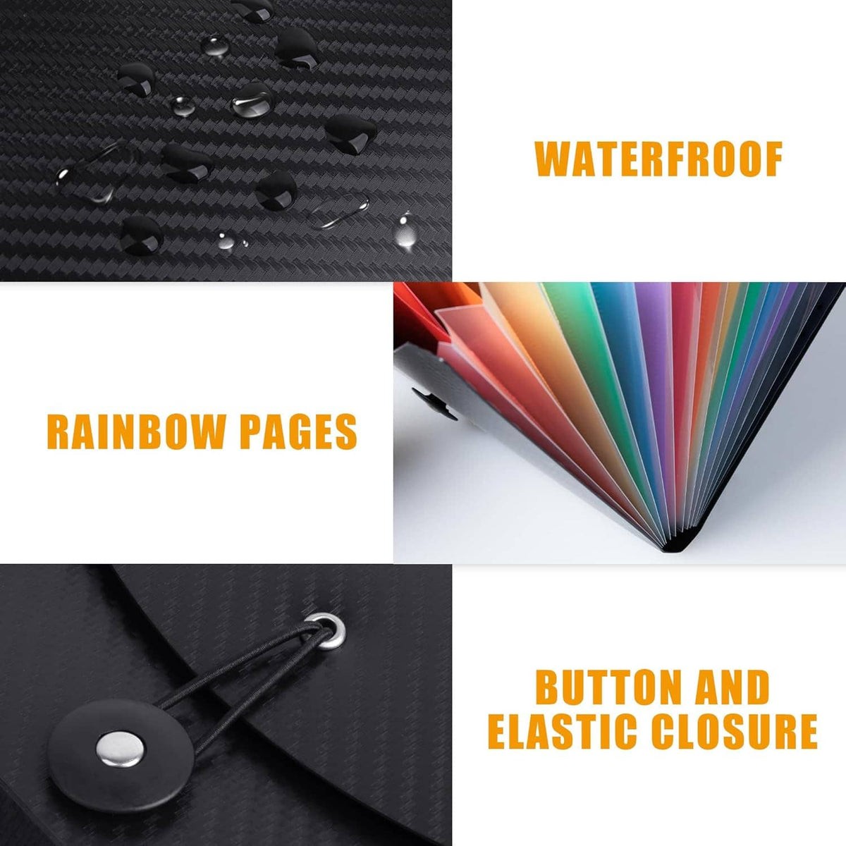 Black waterproof accordion organizer with rainbow divider pages and snap button