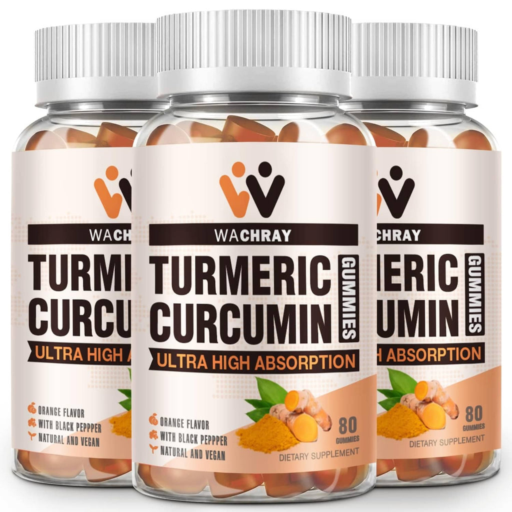 Turmeric curcumin supplement gummies bottle with white ribbed cap and orange label