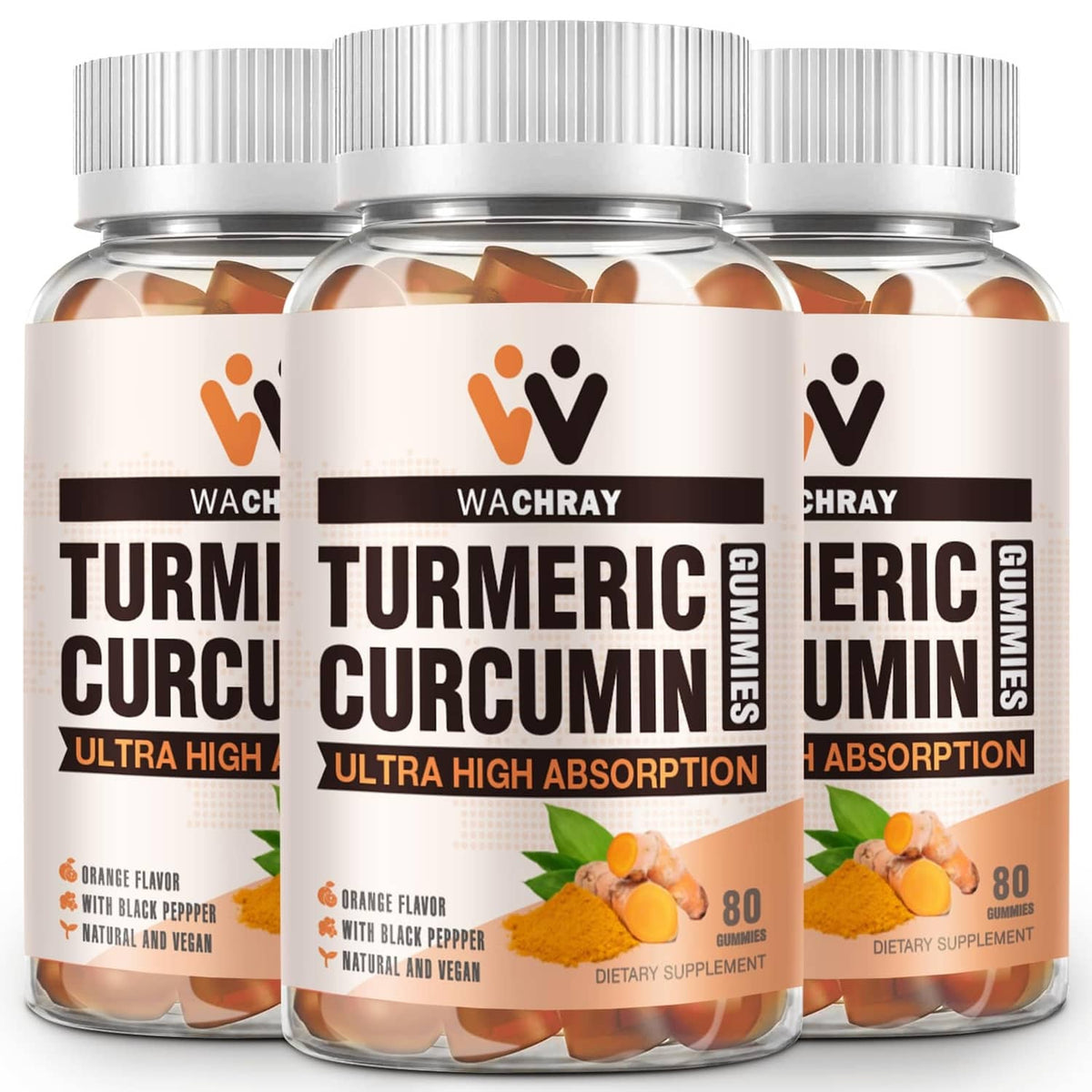 Turmeric curcumin supplement gummies bottle with white ribbed cap and orange label