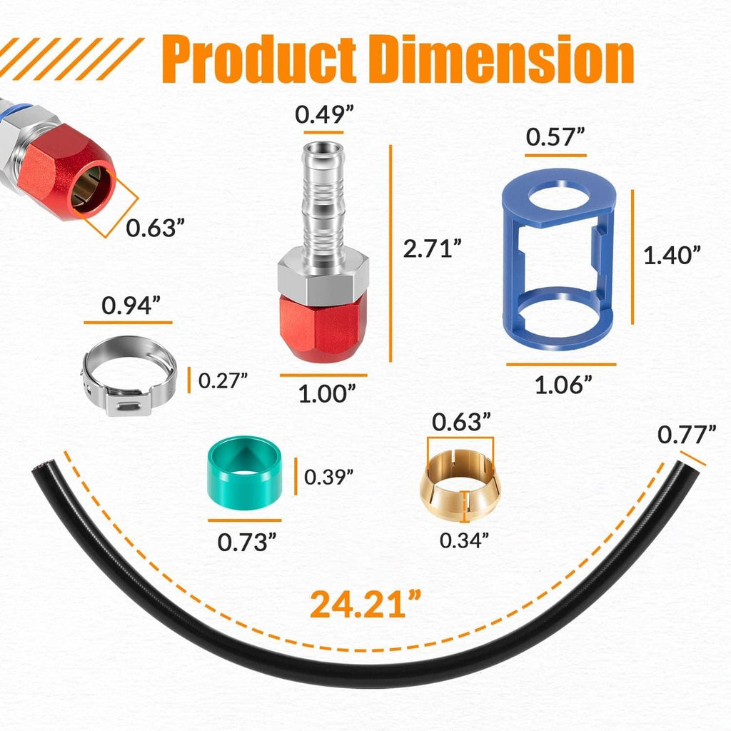 A/C line splice kit product dimension view with 24.21-inch black hose arc