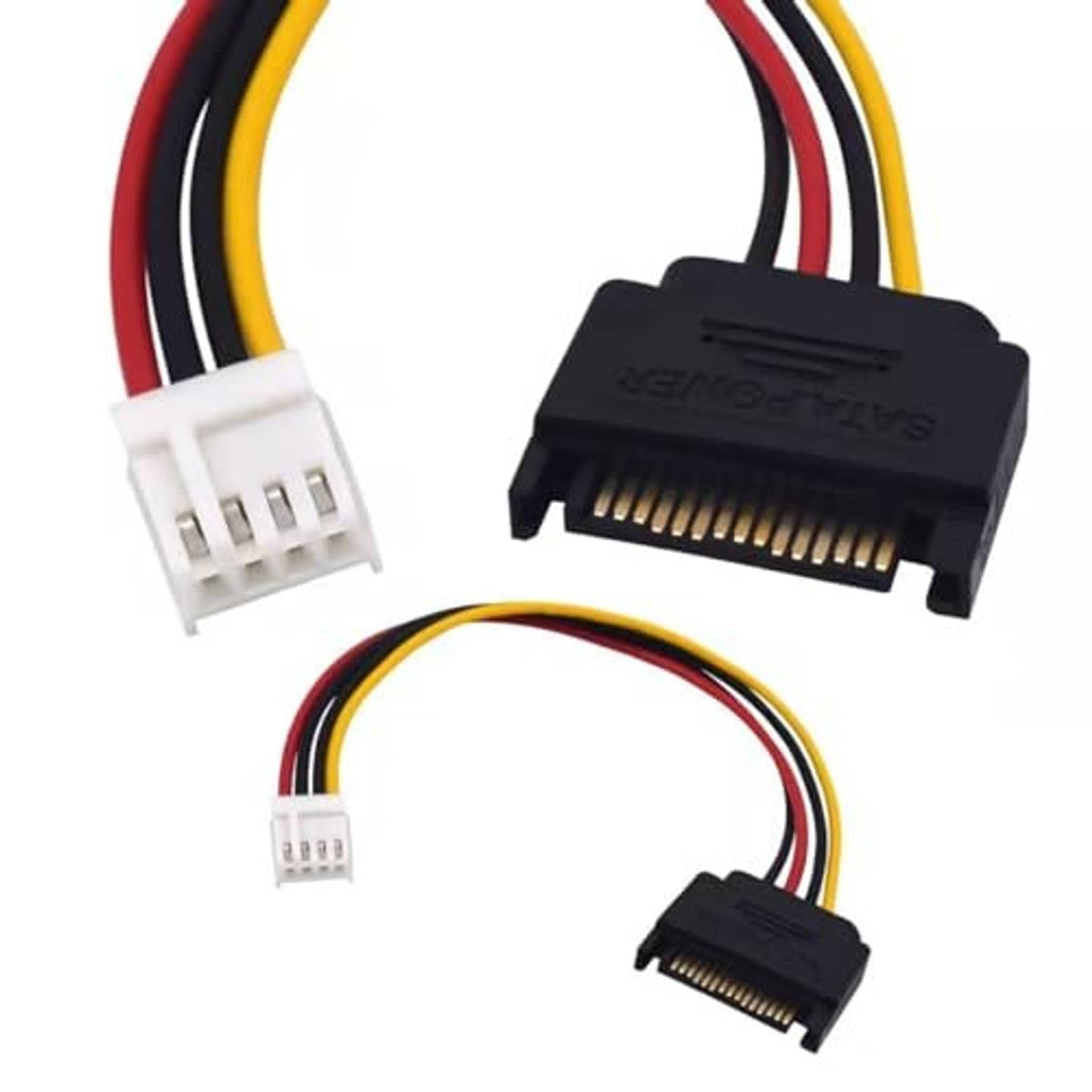 SATA to FDD power adapter cable set with black SATA plug and white FDD socket