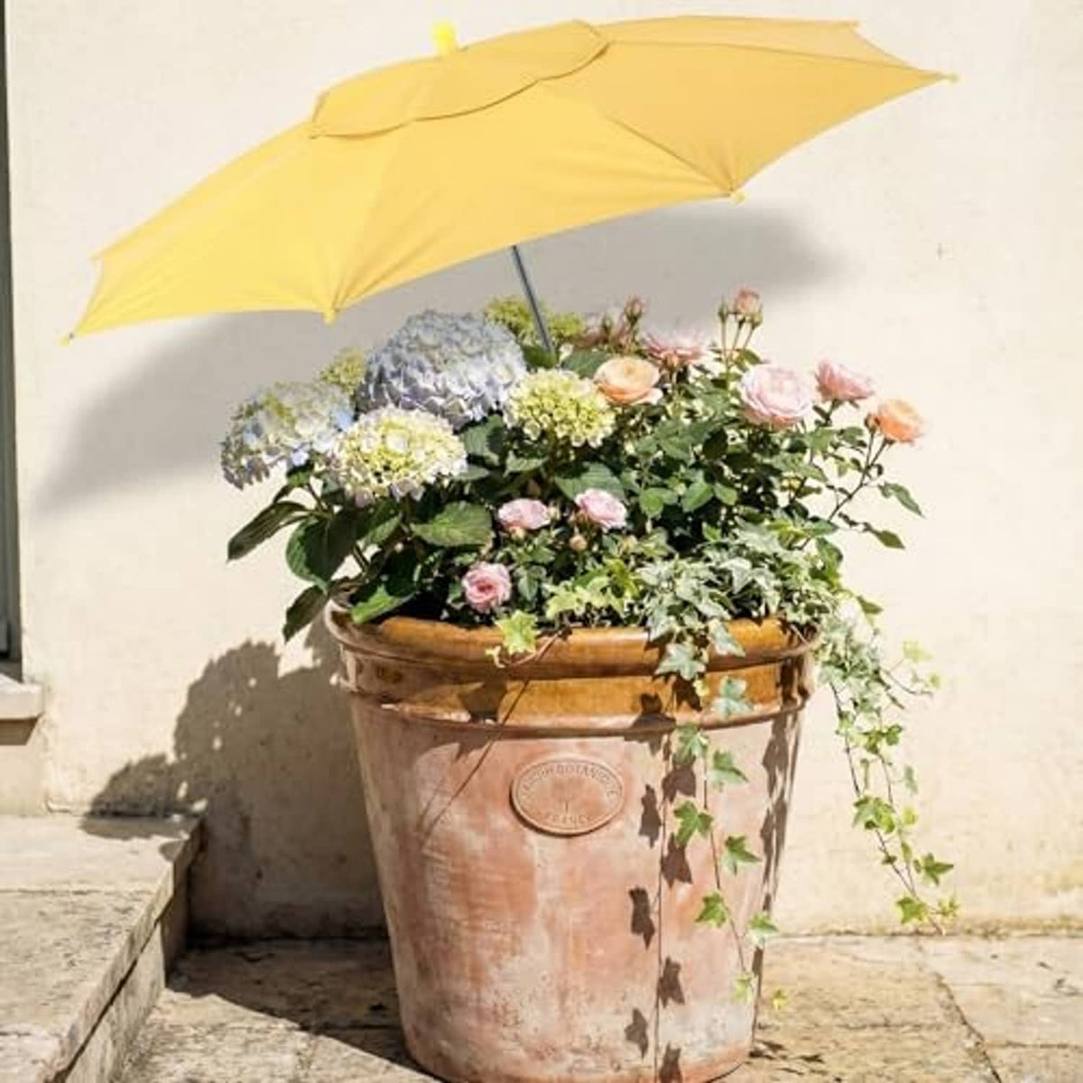 Yellow plant shade umbrella over a round plant pot with hanging vines