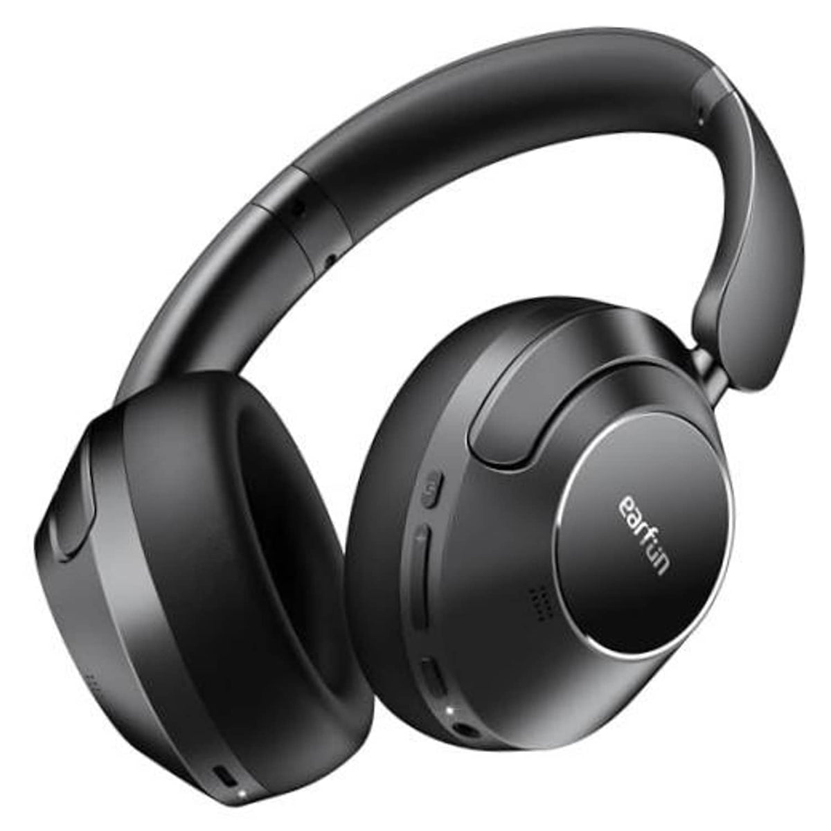 Black over-ear wireless noise-canceling headphones with cushioned earcups and headband