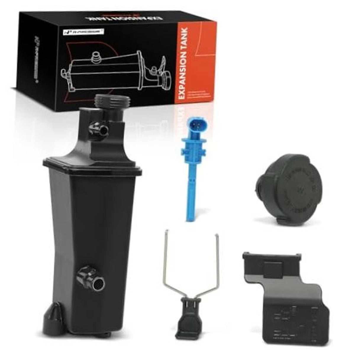 Engine coolant overflow reservoir tank with blue sensor, cap, and mounting parts