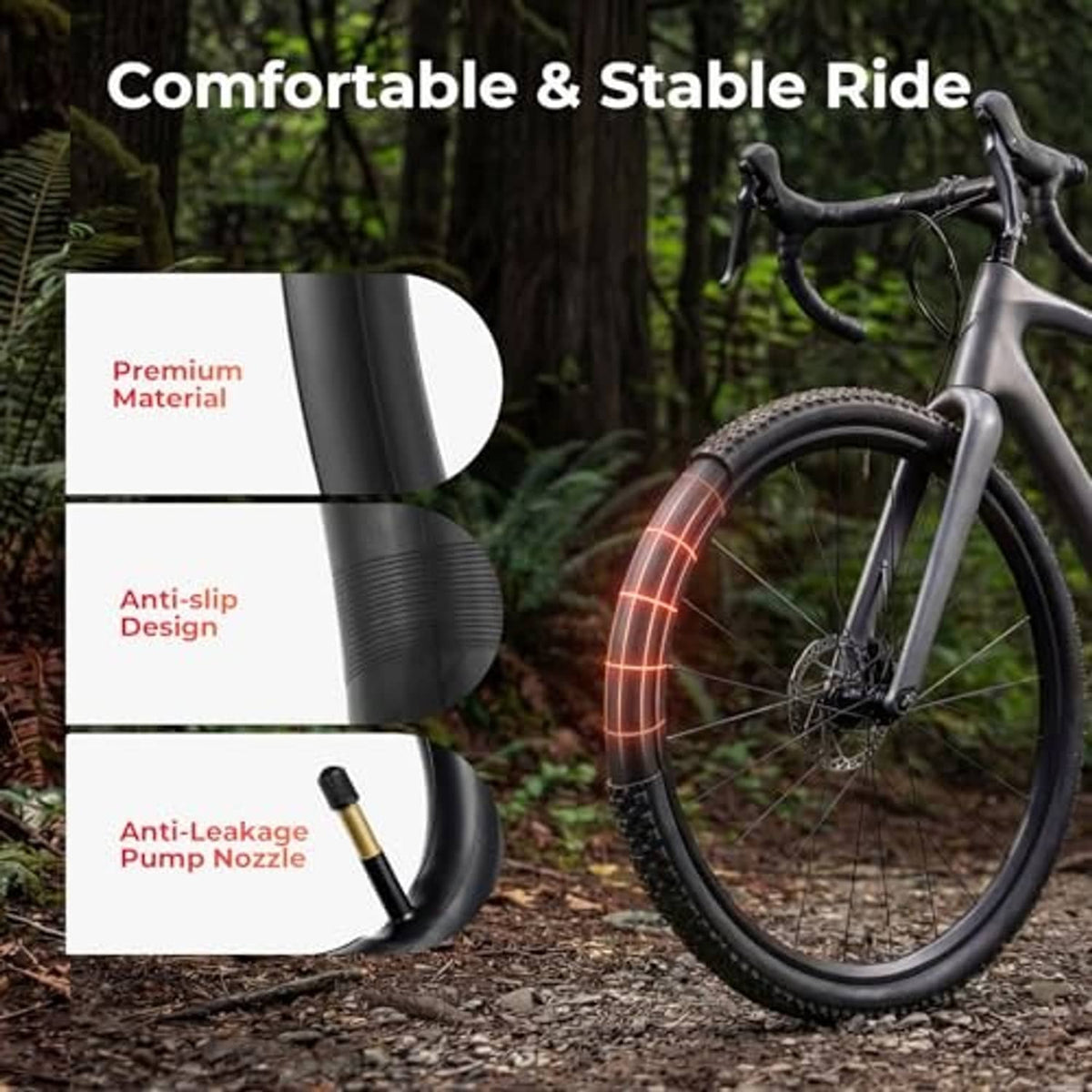 Black bicycle inner tube with anti-leakage pump nozzle graphic and bike on path