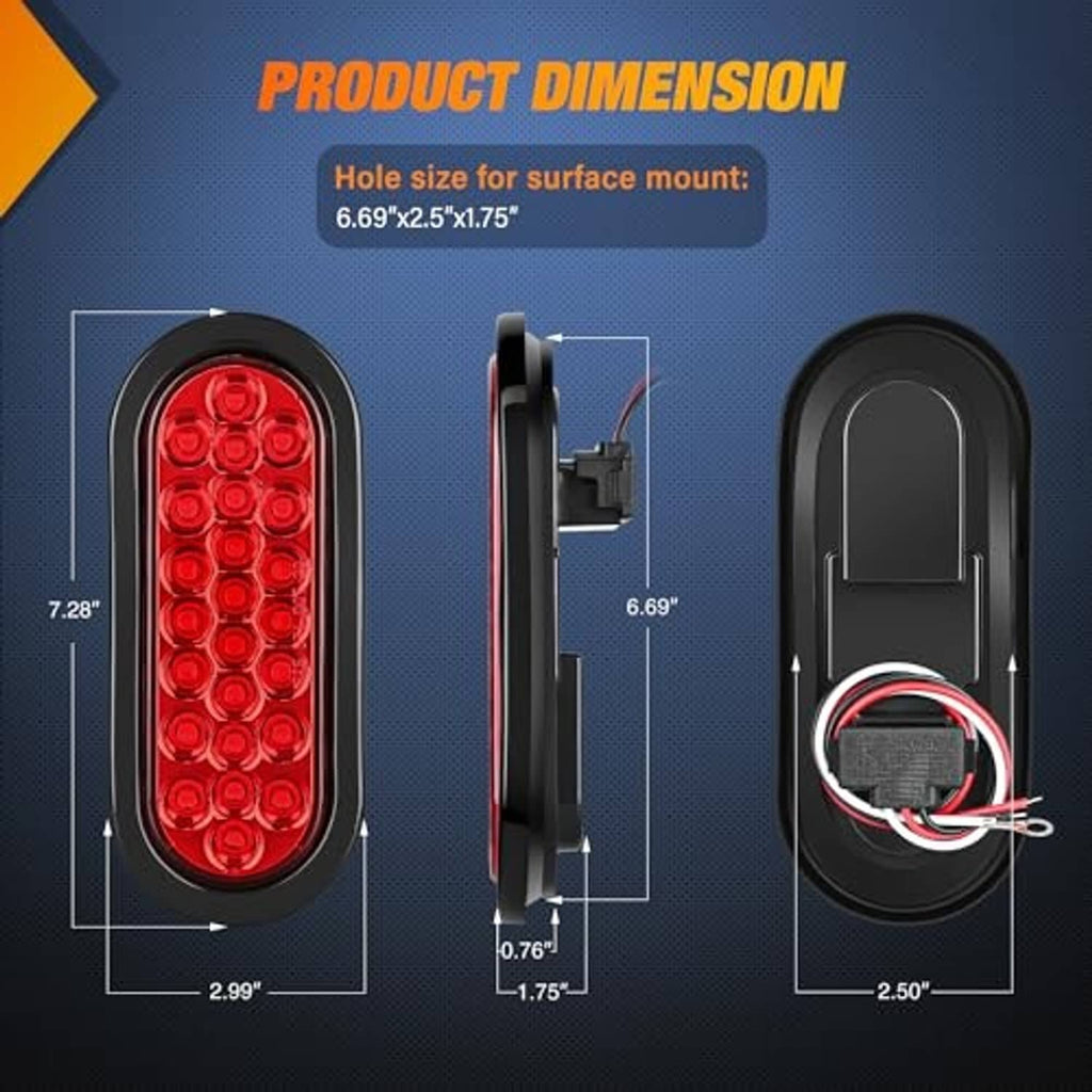 Oval red 24-LED trailer light with black housing and side mounting measurements
