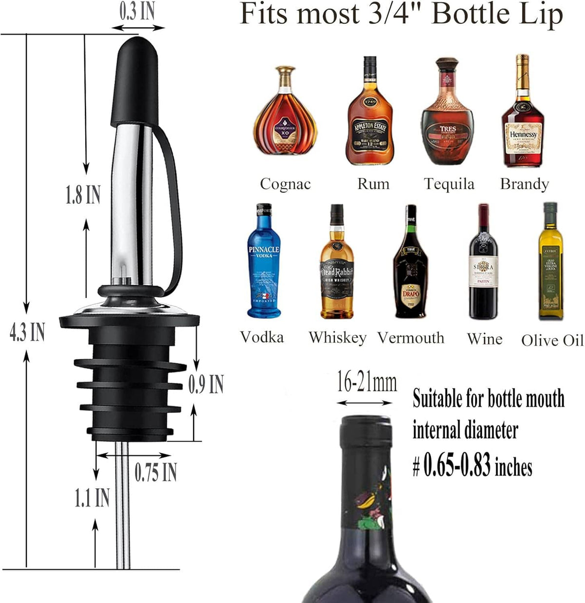 Metal liquor pour spout sized for 3/4 inch bottle lip with black neck insert