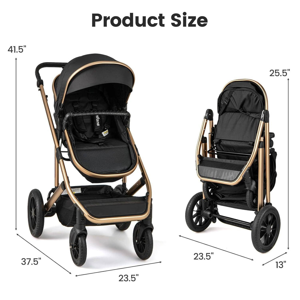 Baby stroller product size view with black seat, gold frame, and front profile