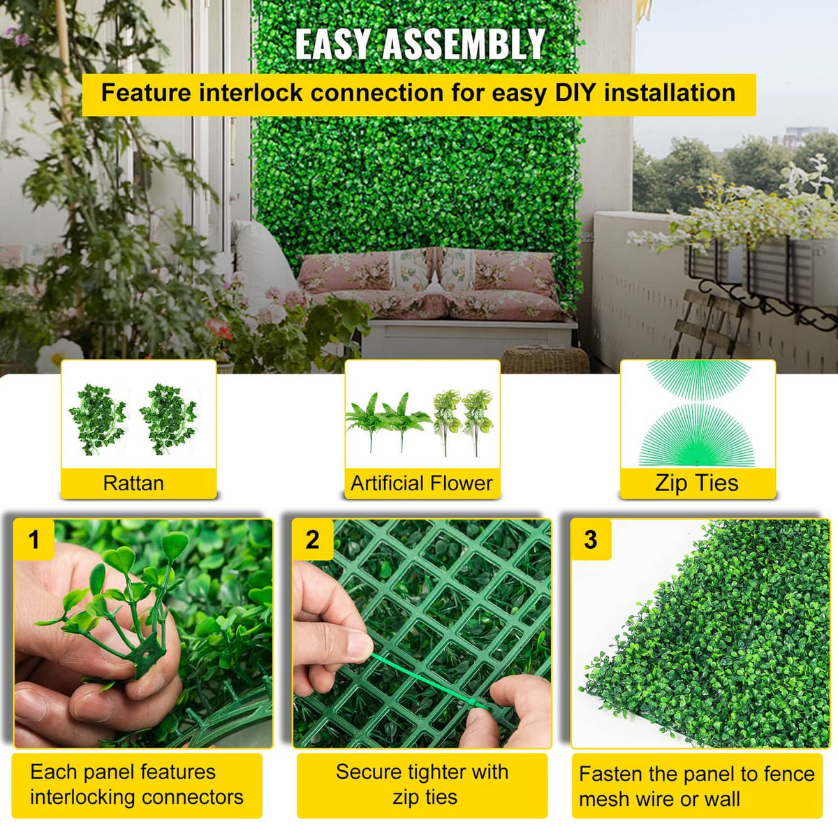 Artificial boxwood hedge panel with interlocking connectors and zip ties for DIY setup