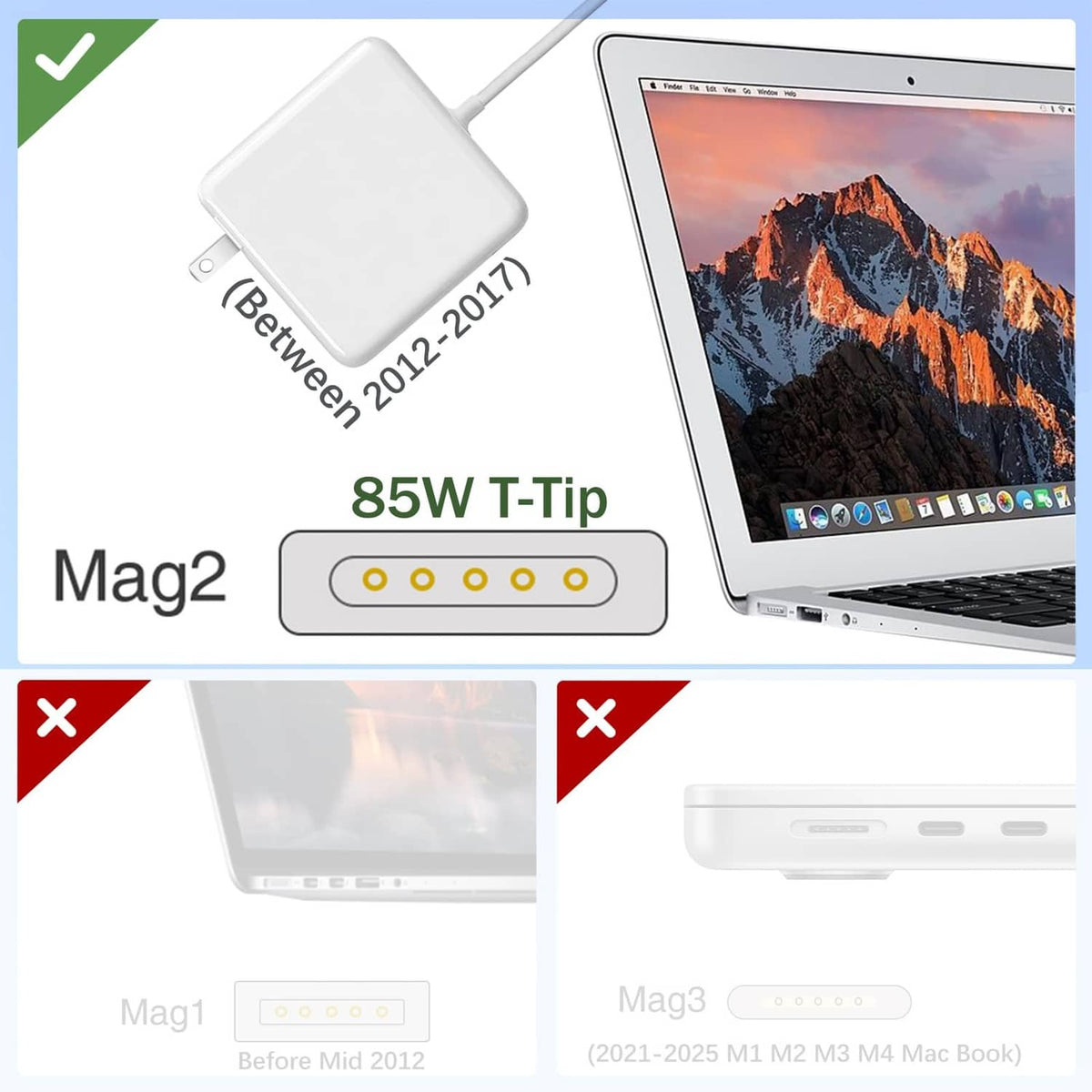 White 85W magnetic T-Tip Mag2 charger with connector and compatibility indicators