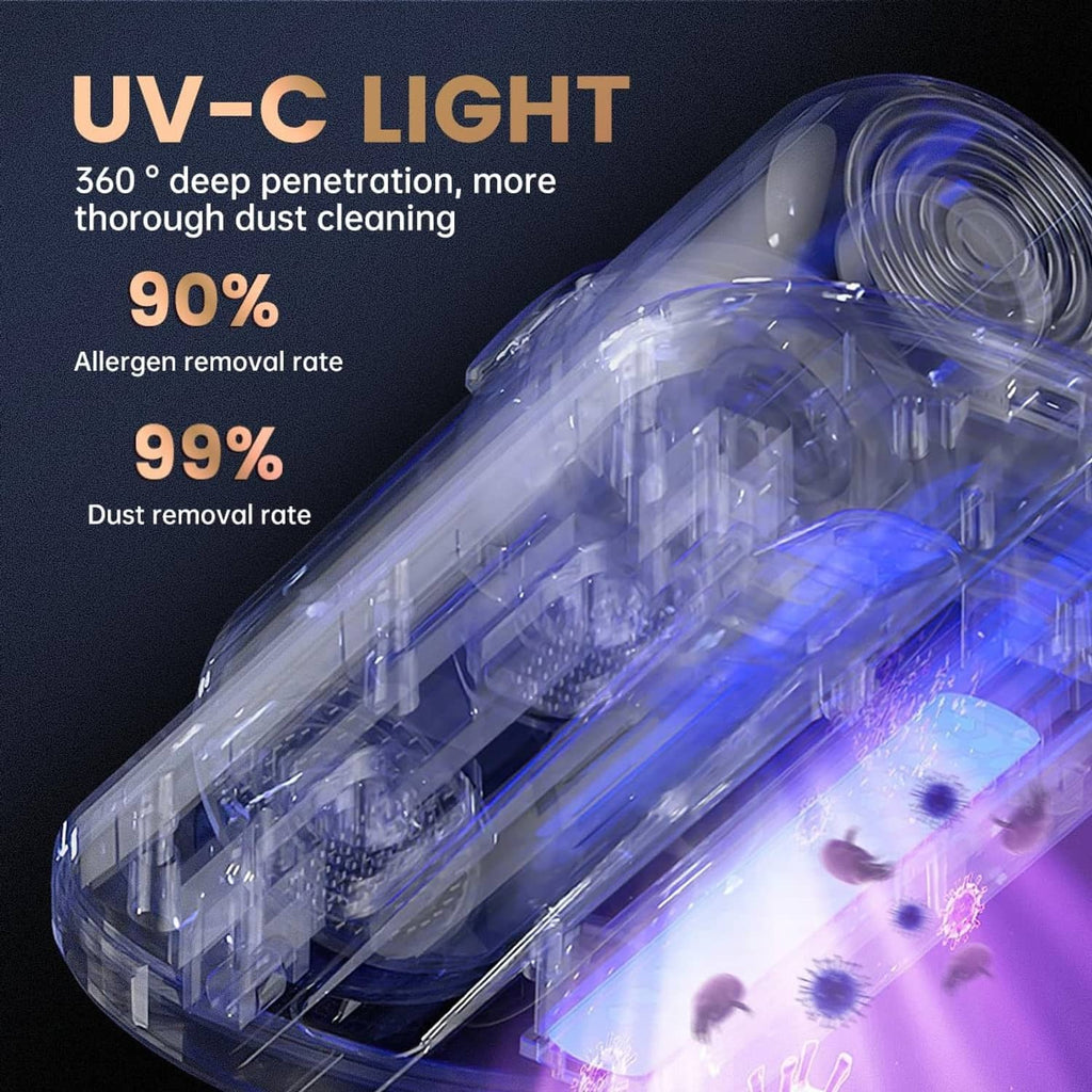 UV-C light mattress vacuum nozzle with clear brush cover and blue illumination